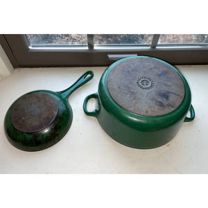Le Crueset 2 Pot Lot Green Vintage Fair Condition Dutch Oven and Sauce Pan